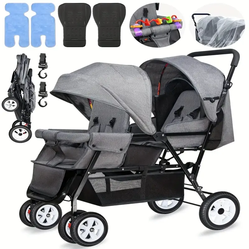Foldable Tandem Double Quad Stroller, Folding Newborn Stroller - Compact Travel Design with Adjustable Backrests, All-Terrain Wheels, Storage Basket, Mosquito Net, 2 Hooks, Toys, Mats, Pads (Grey/Red/Blue)