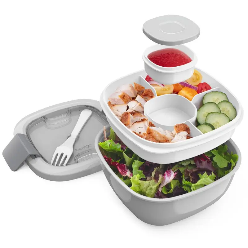 Bentgo All-in-One Salad Container - Reusable Portable Salad Bowl with Toppings Tray & Leak-Proof Sauce Container - Dishwasher & Microwave Safe - Lunch Boxes with Airtight Lid and Reusable Fork - Tableware