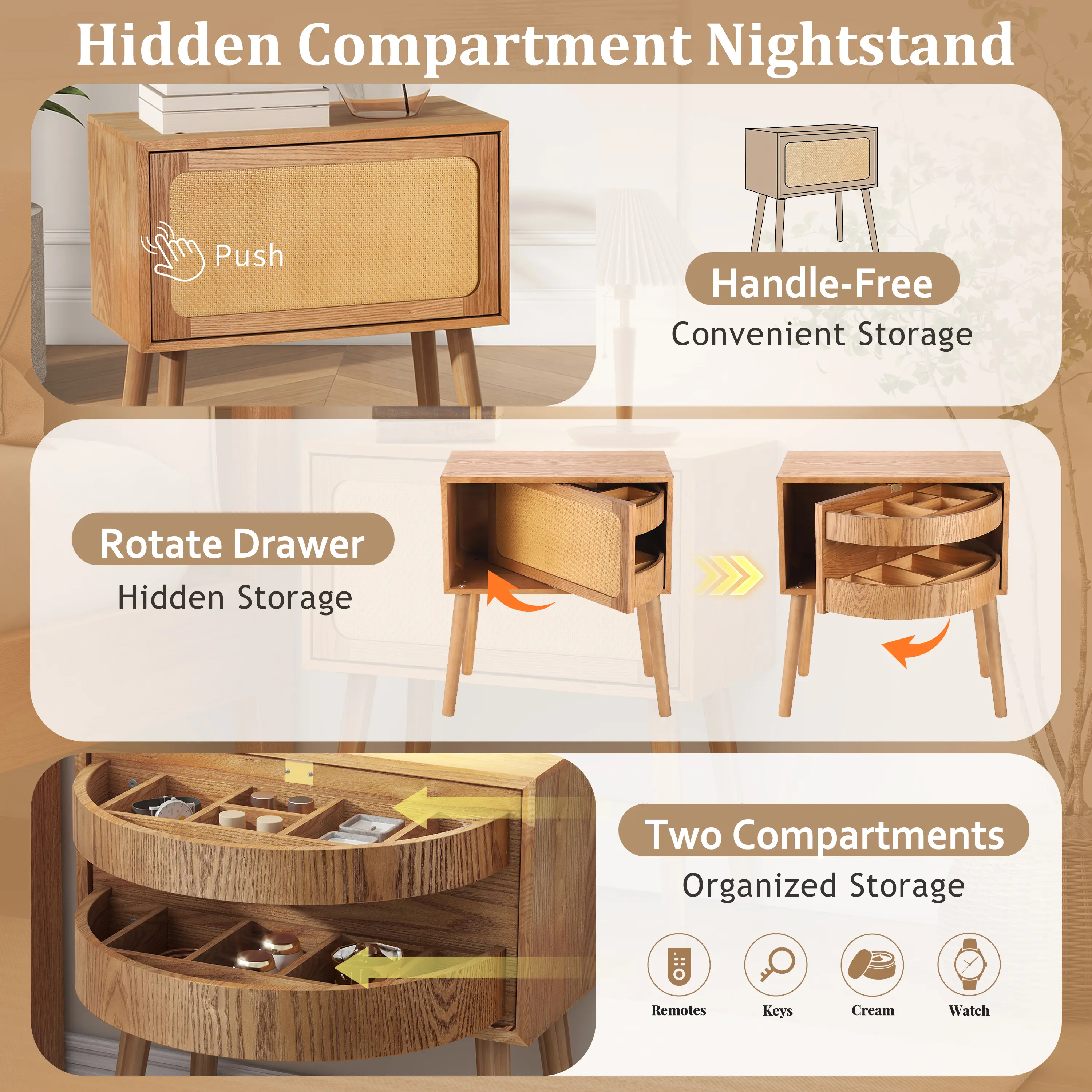 Rotating Hidden Compartment Nightstand with Rattan Panel, Mid Century ...