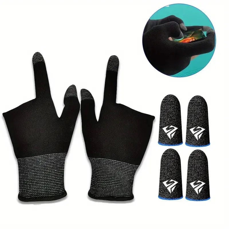 Gaming Gloves Bundle, Gaming Stuff, 1 Pair Touch Screen Gloves + 2 Pairs Finger Sleeves, Anti-Sweat Breathable Conductive Set, High Sensitivity Mobile Game Controller Grip for PUBG CODM MLBB, Compatible with All Smartphones, Gaming Accessories