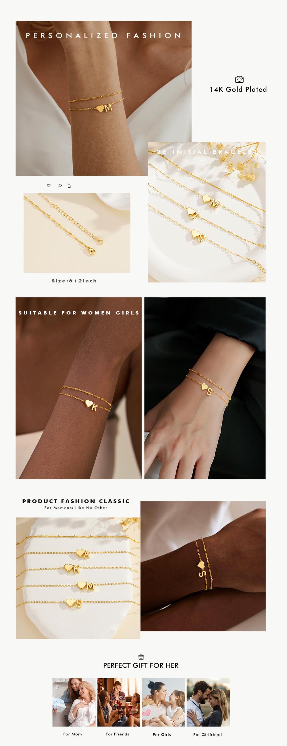 Layered Heart Initial Bracelets for Women Girl Birthday Gift - Ajustable Christmas Jewelry Gift & Black Friday Deal