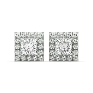 Men's Jewelry - VVS Lab Diamond Halo Princess Stud Earrings For Men | 14K White Gold