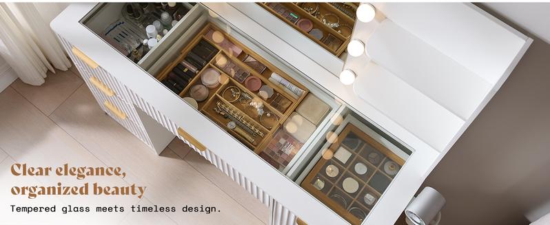 VanAcc 36.2/47.2" Fluted Vanity Desk with Mirror and Adjustable LED Lights, Large 4/7 Drawers Makeup Table with Glass Top and Charging Station for Women and Girls, Bedroom or Dorm