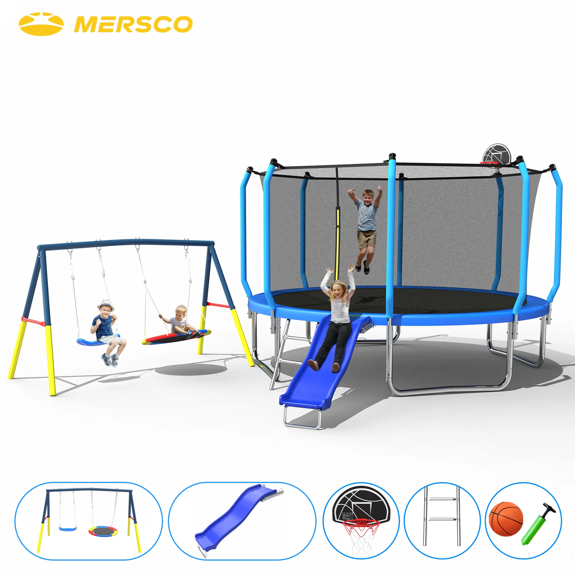 Mersco 12FT Heavy-Duty Unisex Outdoor Kids Trampoline Set - Safety Net, Slide, Swing Set, Basketball Hoop, Blue, Versatile Play Area, for Gross Motor Play, Birthdays, Festivals