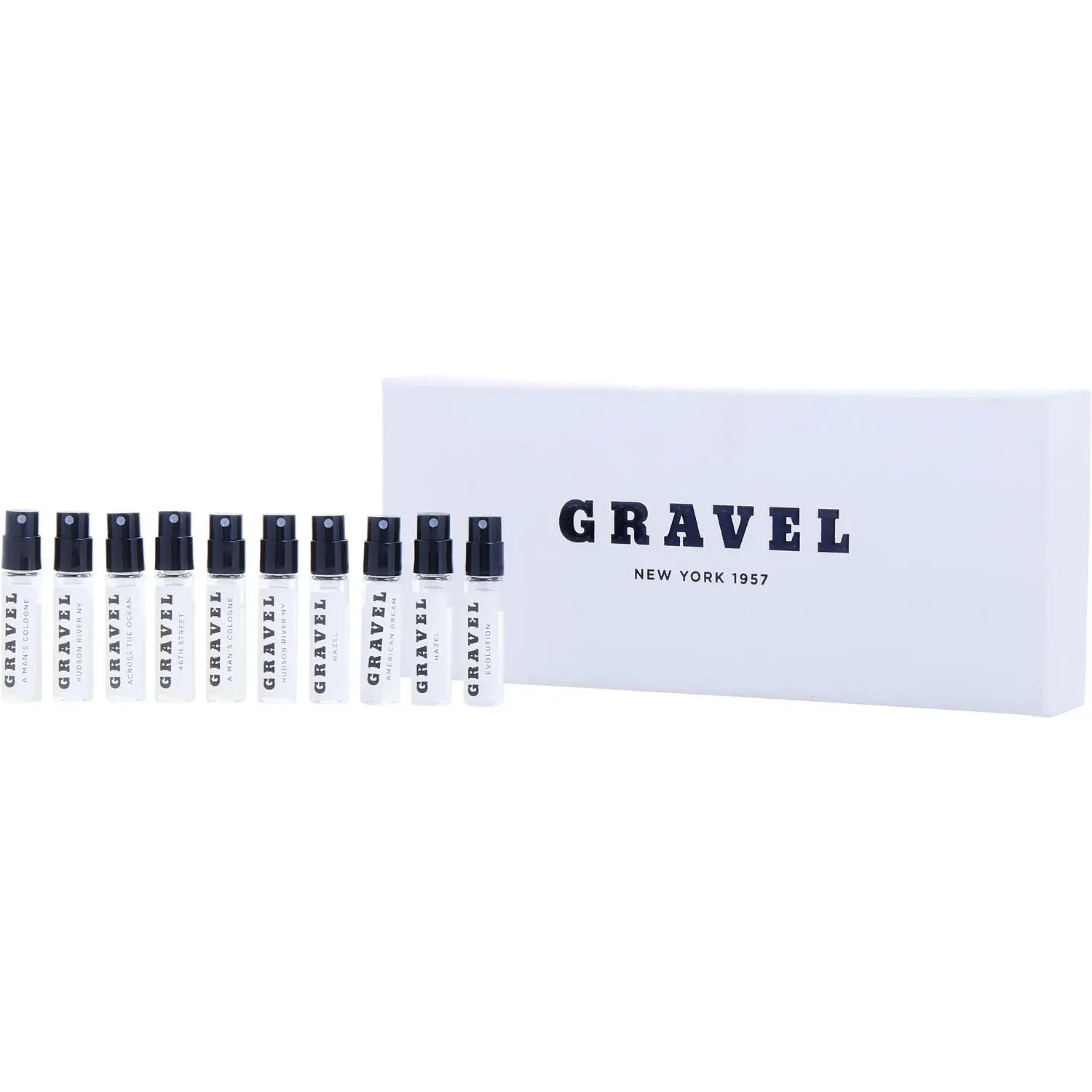 Gravel Variety Set-Discovery Set With Across The Ocean & American Dream & A Man's Cologne & Evolution & 46Th Street & Hudson River Ny & Hazel And All Are Eau De Parfum Spray Vials For Unisex