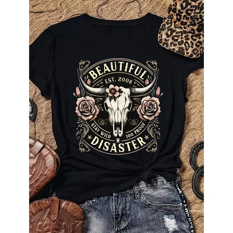 [100% Cotton] Women'S Western Cowboy Graphic T-Shirt - Black Short Sleeve Crew Neck Top With Bull Skull & Floral Design, "" Vintage 2008 Text, Casual Spring/Summer Tee For Outdoor & Casual Attire T-Shirt For Men And Women.