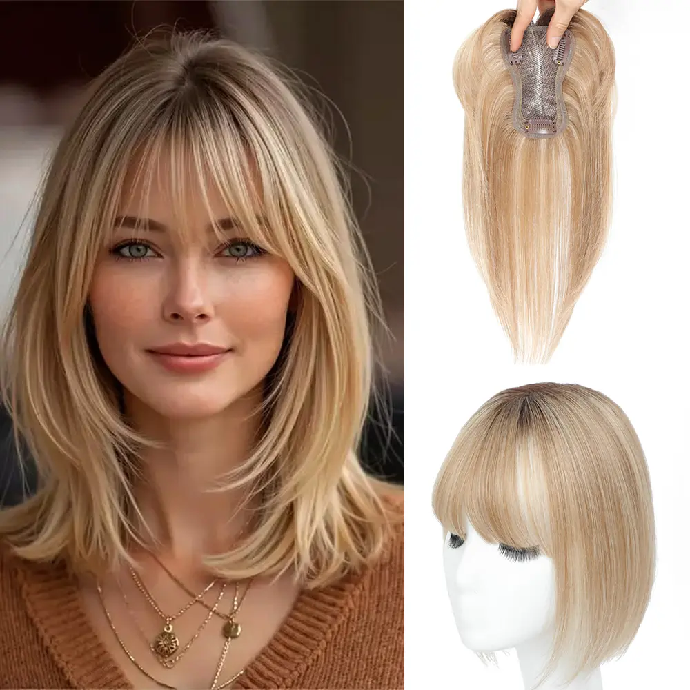 10‑Inch Human Hair Clip‑In Topper with Bangs, Real Hair Fringe Hairpiece for Covering Grey & Thinning Hair, Heat‑Styleable Hair Accessory,  for Daily Wear, Date Nights, Parties & Casual Outings