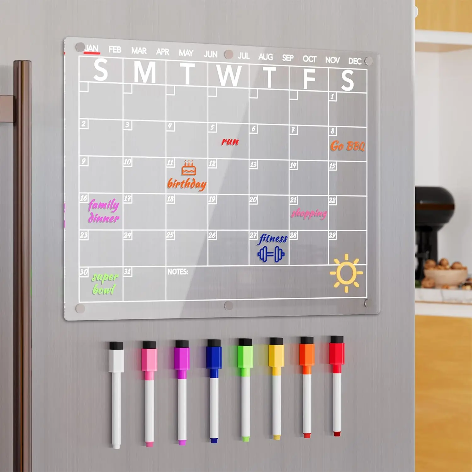15"x11" Acrylic Magnetic Dry Erase Board Calendar for Fridge - Magnetic Calendar for Refrigerator, Family & Friends Home Apartment Kitchen Erasable Monthly Planner Whiteboard with 8-Color Markers
