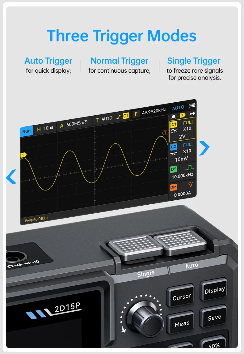 FNIRSI 2D15P Handheld Oscilloscope Multimeter - 3-in-1 Digital 2CH Automotive Tool with 100MHz Bandwidth, 500MS/s Sampling, 19,999 TRMS Counts, 10MHz DDS Signal Generator, 4.3 Touch Screen, 128-Level Grayscale Display, 6 Math Operations, Built-in Cells