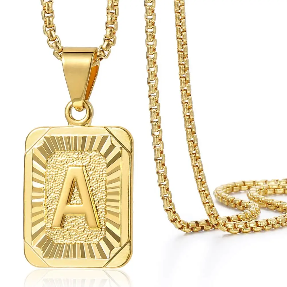 Hermah Square Letter Pendant Necklace 16-24" Gold Plated Stainless Steel Chain Initial A-Z Charm Jewelry for Men Women Anniversary Birthday Gift