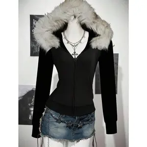 Women's Casual Retro Fitted Fur Collar Hooded Regular Jacket,Fall