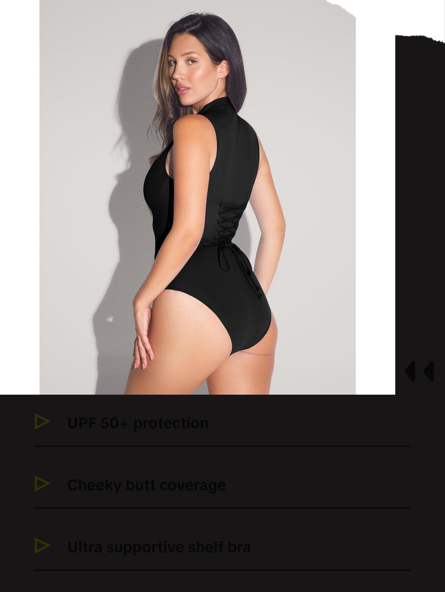 Sleeveless Surfy Black Swimwear with Deep V-Neckline and Front Zipper Closure