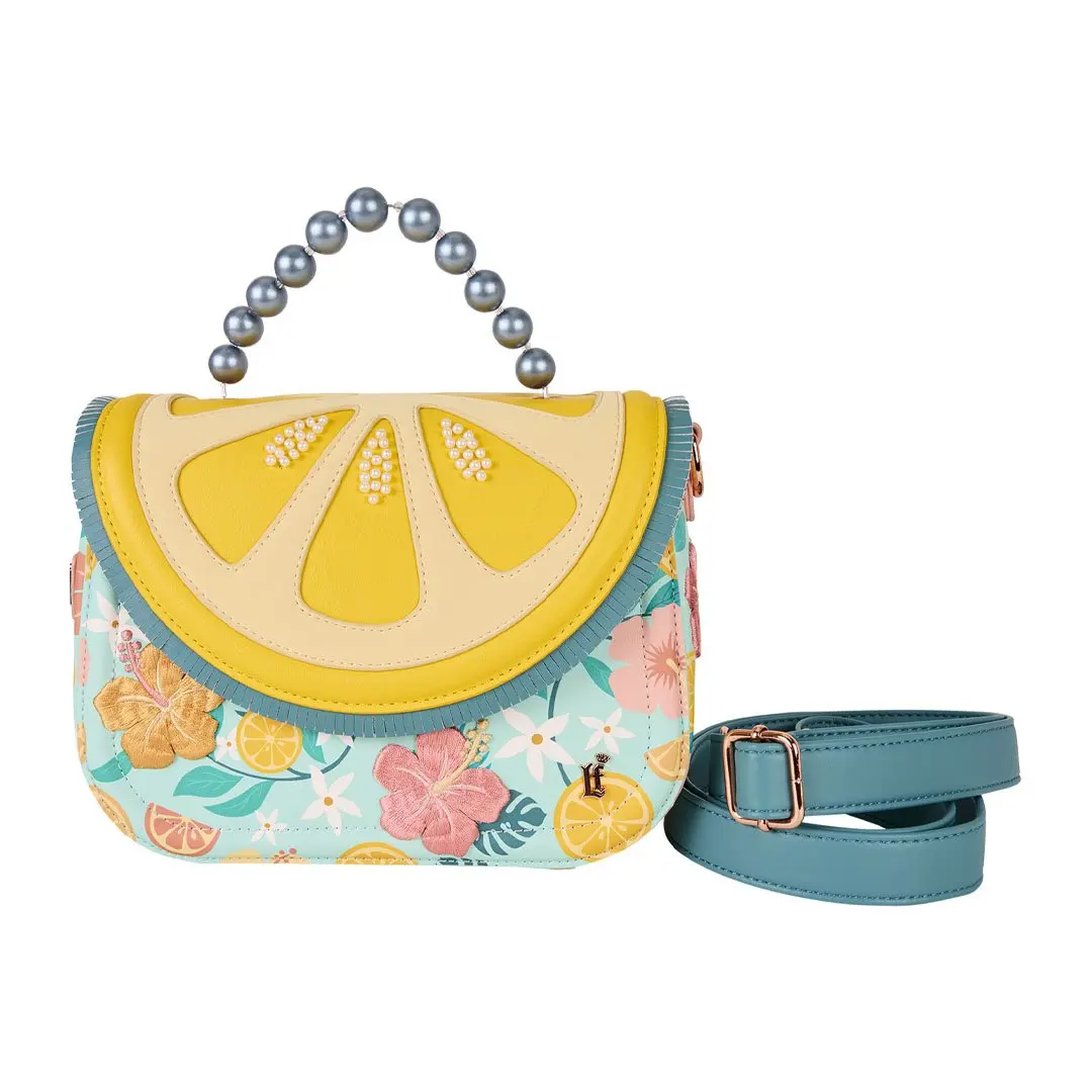 Loungefly Lemon Slice Tropical Crossbody Bag, Faux Leather Summer Purse with Embroidered Flowers, Beaded Handle, and Fringe, Crossbody Bags, Flap Crossbody Purse