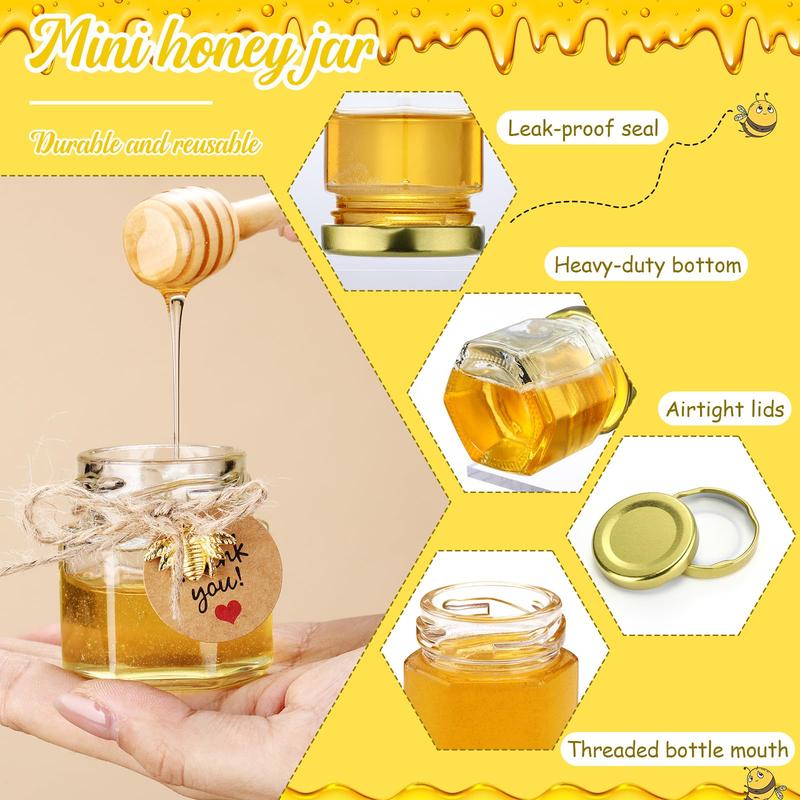 50 Pcs Mini Honey Jar Set Baby Shower Prize Glass&Plastic Jars with Wooden Dipper Bee Charms Thank You Cards Burlap fabric Twine String Thank You Gift for Couple Guest,Bridal Shower Baby Shower Party Decorations,Anniversary Birthday Wedding Gifts