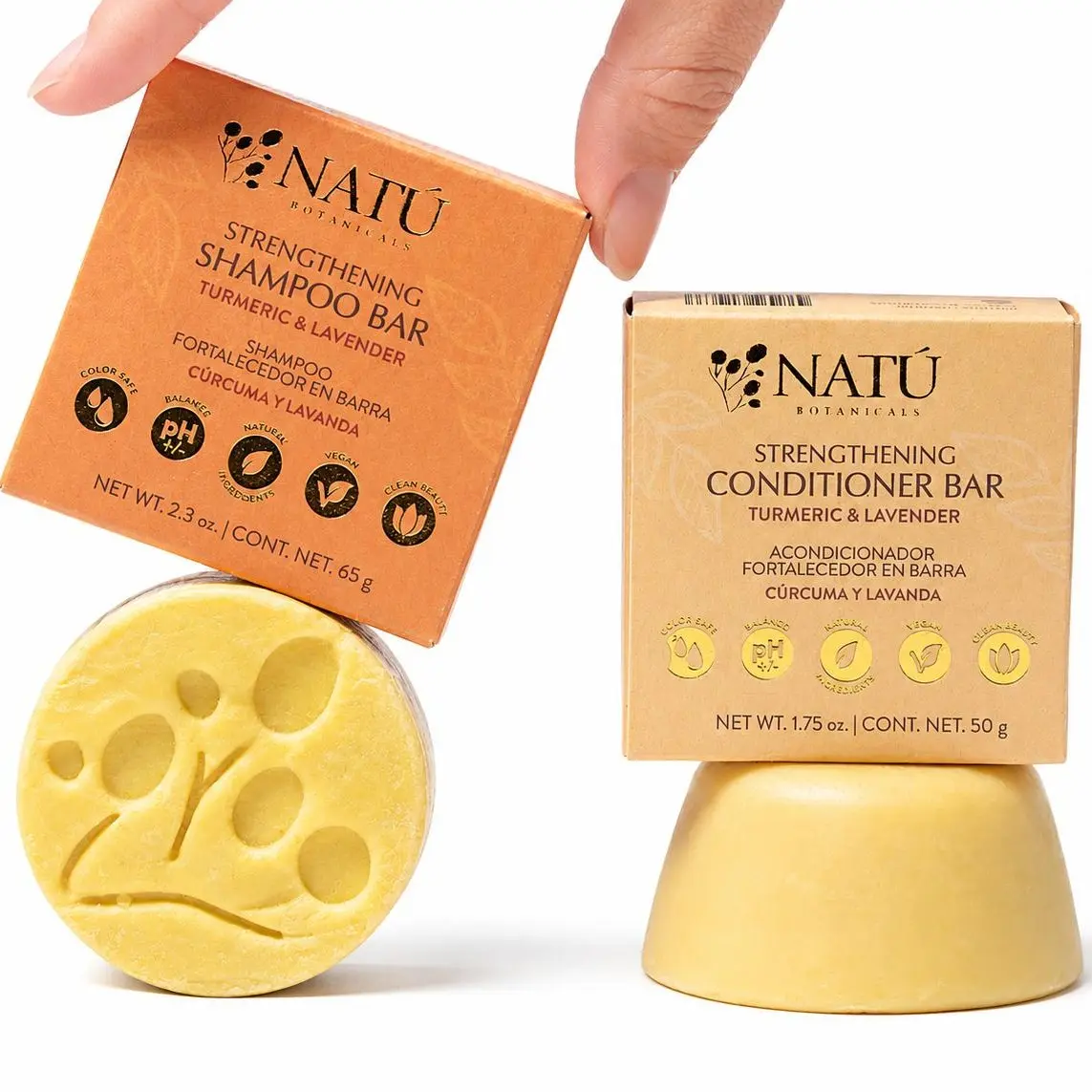 Strengthening Shampoo Bar & Conditioner Bar by Natu Botanicals - Turmeric & Lavender - Eco-Friendly, Clarifying, Moisturizing, Soft & Shiny Hair - Non-Stripping, Plant-Powered - 2.3 oz Each