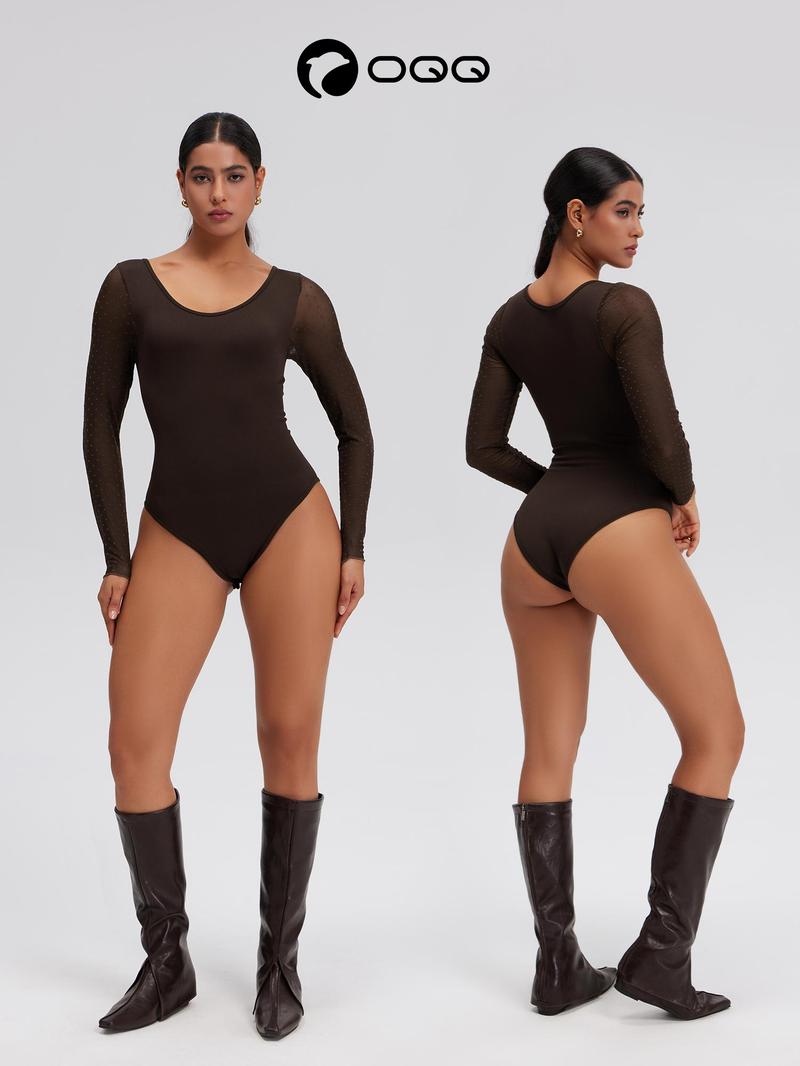 OQQ-Nine cents Women's  Bodysuits - Ribbed Round-neck Long-sleeved Top with Netted Sleeves - Sporty Casual Fashionable Sexy Style
