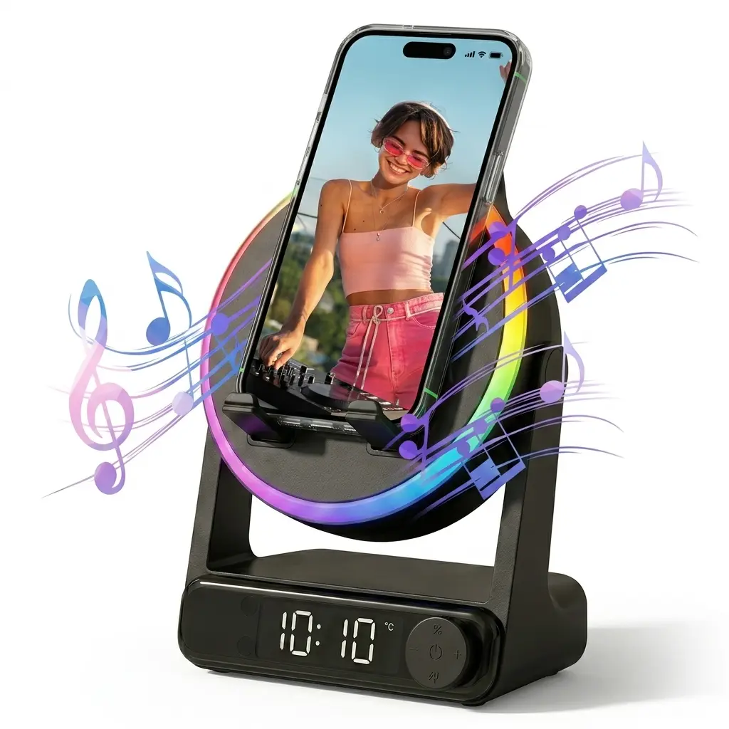 Magic Induction Wireless Audio Speaker with Phone Holder, Built-in Emergency Power Bank & RGB Ambiance Light, Desktop Electronics Gadget