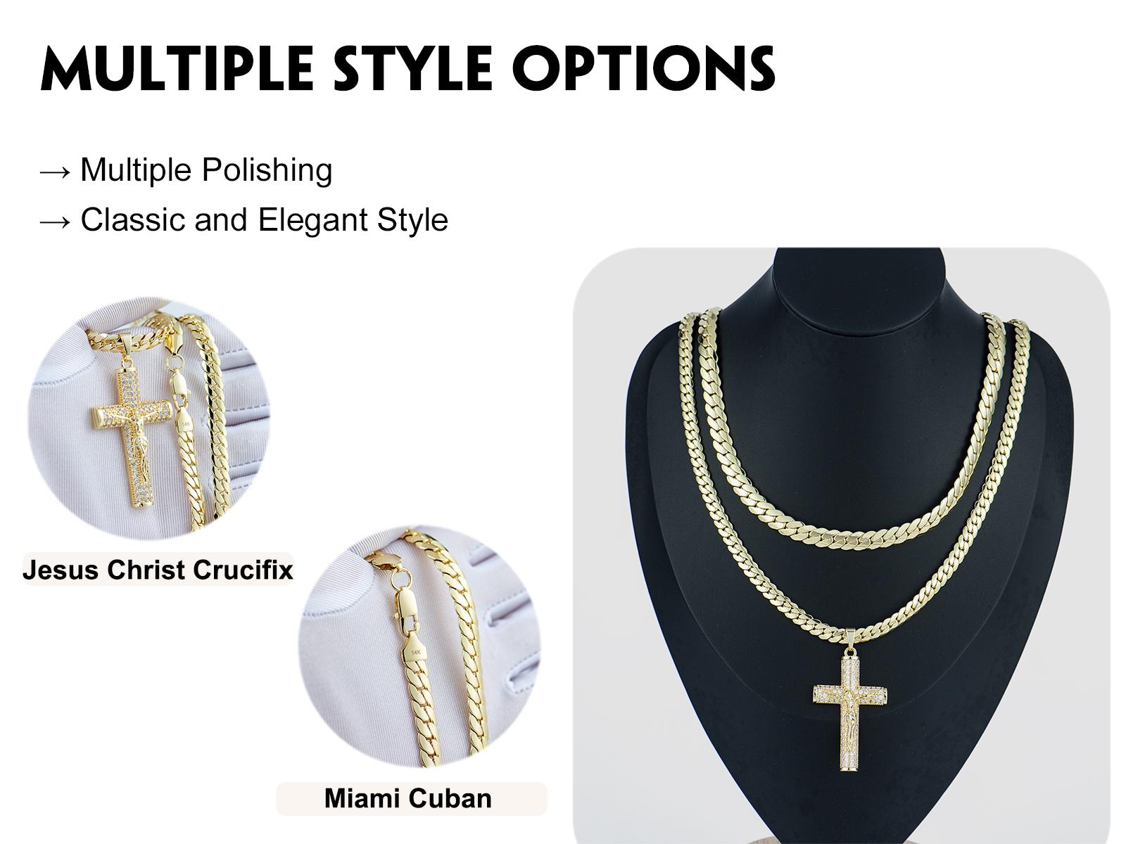 Holylegend 14K Gold-Plated Miami,Cuban & Figaro Chain with Cross,24 inches Long and 6mm Wide,High Quality,Gold Plated Necklace