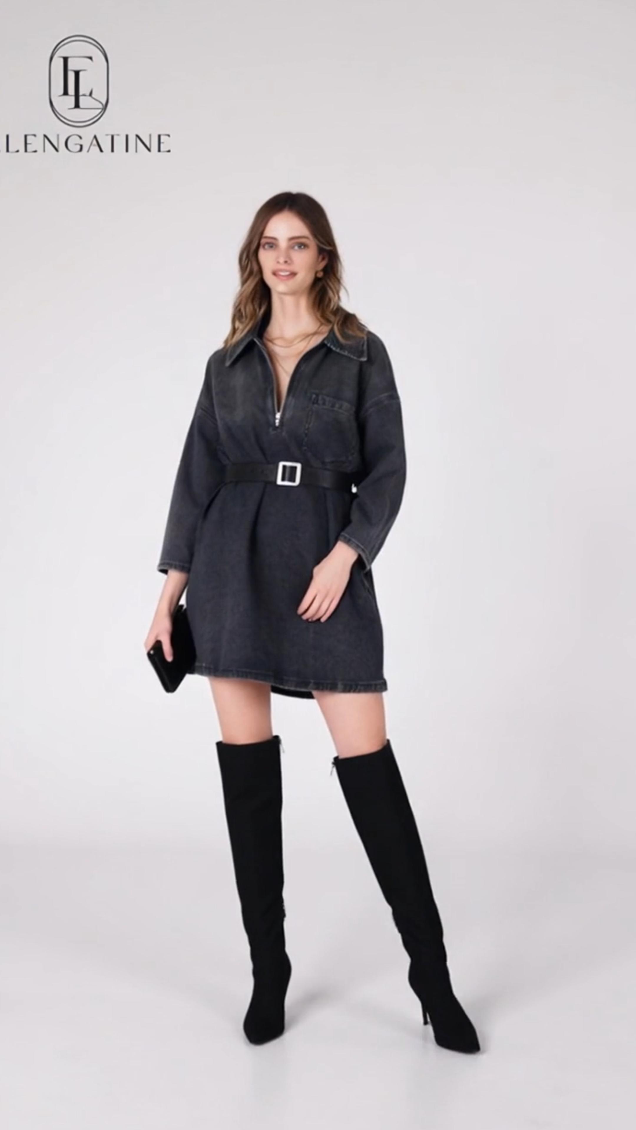 Elengatine Women's Denim Dress Half-Zip Collared Vintage Washed Blue Loose Fit Long Sleeve One Chest Pocket Trendy Casual Top for Daily Wear & Street Style Looks - Chic Autumn and Winter - Womenswear Suitable for all people, sizes range from XS - 5XL