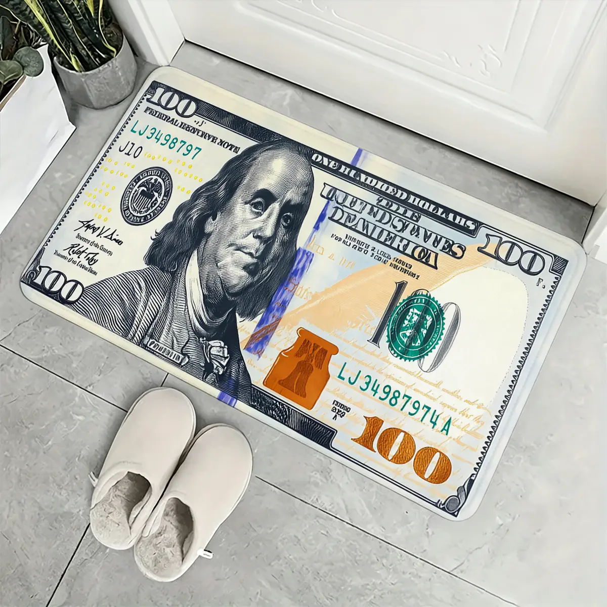 100 Dollar Bill Print Flannel Doormat, Non Slip Absorbent Funny Money Pattern Floor Rug, 16x24 & 20x32 Inch Soft Washable Entryway Bathroom Kitchen Decor Rug