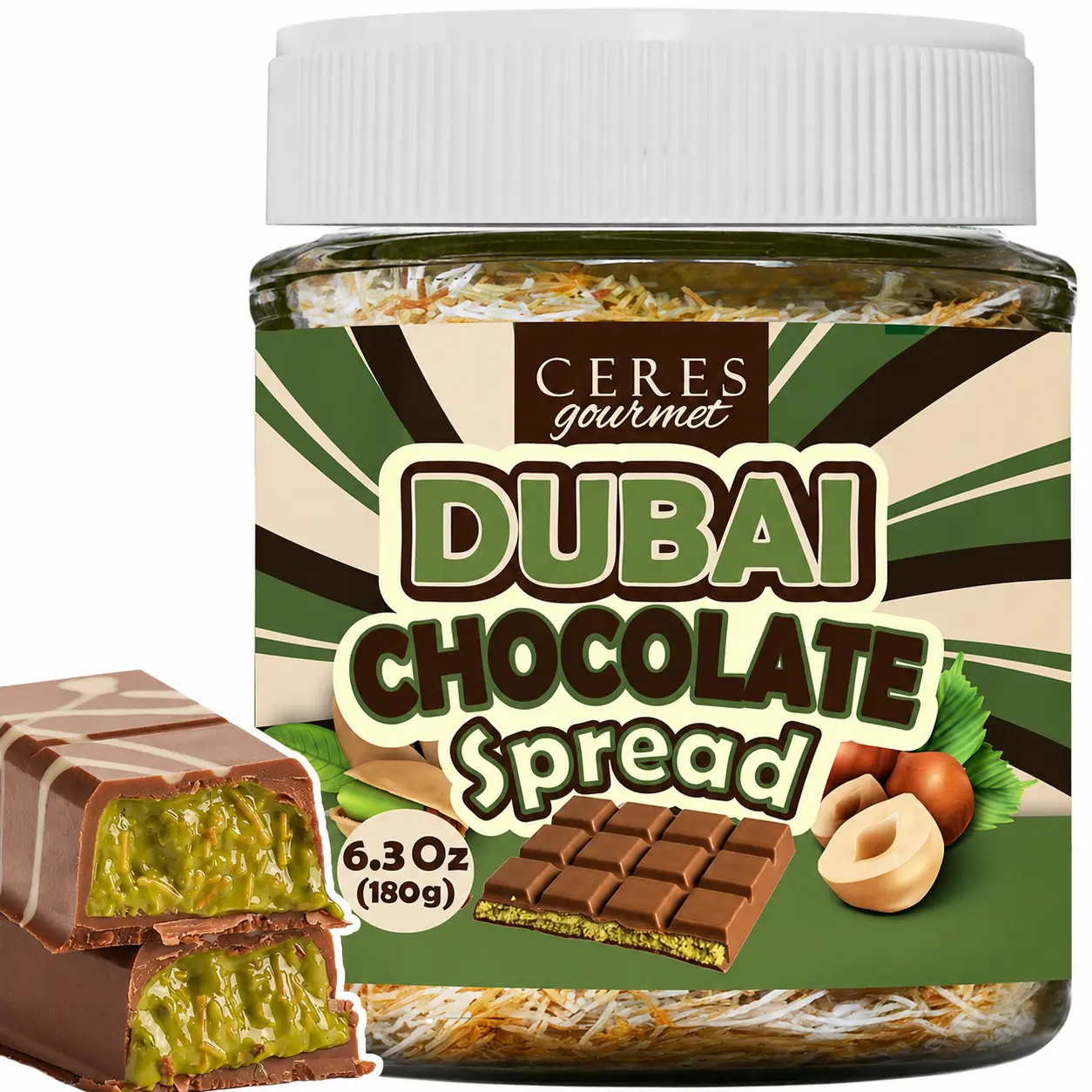 Sweet Dubai Chocolate Spread - 6.3 oz Jar with Pistachio, Kataifi Fillings - Gourmet Pantry Nut Butter for Pancakes, Breakfast