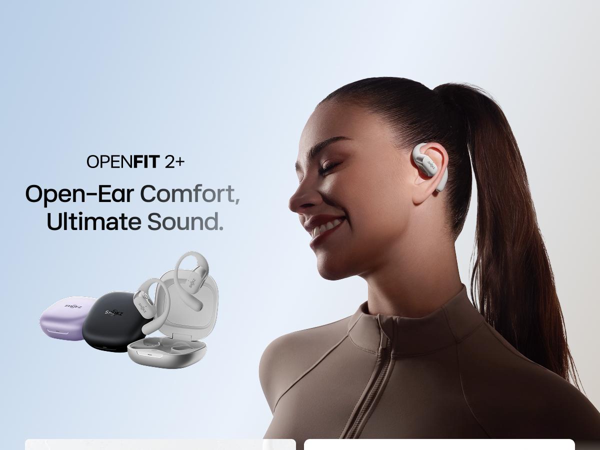 SHOKZ New OpenFit 2+ Open-Ear Headphones, Dolby Audio Enabled, Comfortable Earbuds with Soft Ear Hooks, 48H Playtime, IP55 Water-Resistant, USB-C Fast Charging, Wireless Charging
