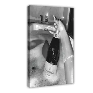 Champagne Bottle in Bathtub Print Black And White Bar Cart Poster Girls Bathroom Wall Art Prints Hypebeast Room DecorFor Room Decor Aesthetic Wall Decor For Bedroom Office Bar