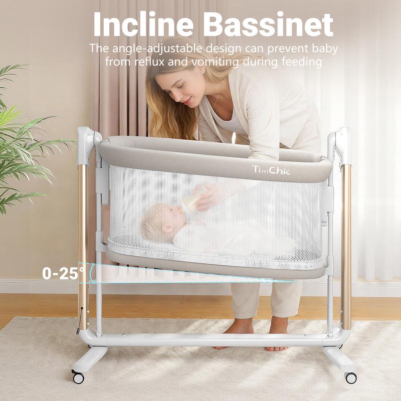 TIMCHIC 3-in-1 Auto Rocking Bassinet – Electric Bedside Crib, Adjustable Heights, On Wheels – Keeps Baby Calm & Close (0-12 Months)