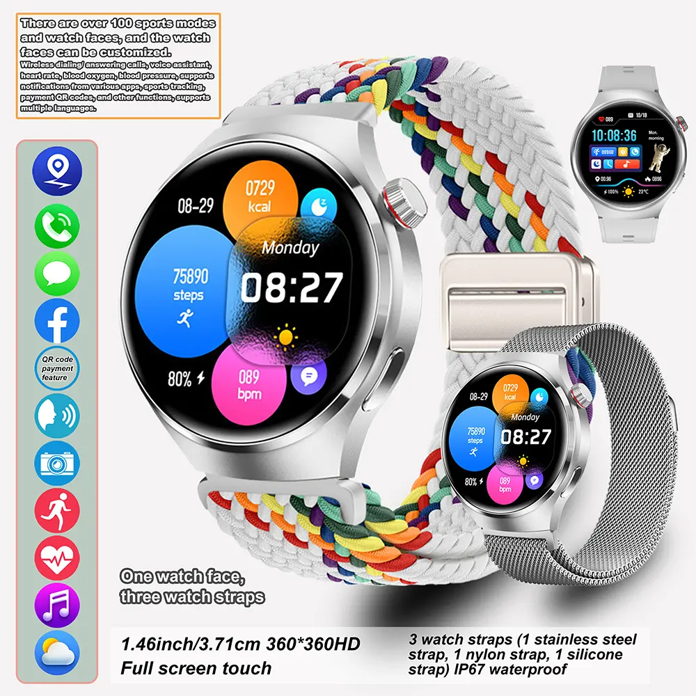 Zinc Alloy Frame Sports Smartwatch - Wearable Health Tracker Device, 1.46in Touchscreen, 100+ Sports Modes, Multiple Straps, Custom Watch Faces, Built-In Camera, Bluetooth, IP67 Waterproof, Universal Fit, iOS/Android Connectable