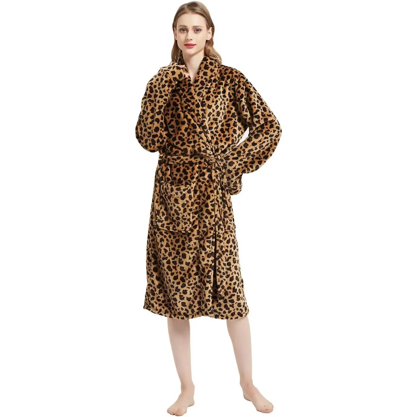 MERRYLIFE Women's Long Animal Print Bathrobe - Luxury Petite Loungewear Nightwear with Adjustable Waist Belt