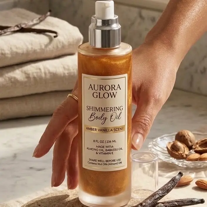 Aurora Glow  Amber Vanilla Shimmer Body Oil with SPF | Non-Greasy Sun Protection & Deep Hydration | 8oz Frosted Glass