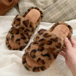 Women's Plush Leopard Print Soft Cross Strap Fluffy Slippers Causual Comfortable Non Slip Slides Home Footwear for Daily Wear Indoor Outdoor Walking Shoes