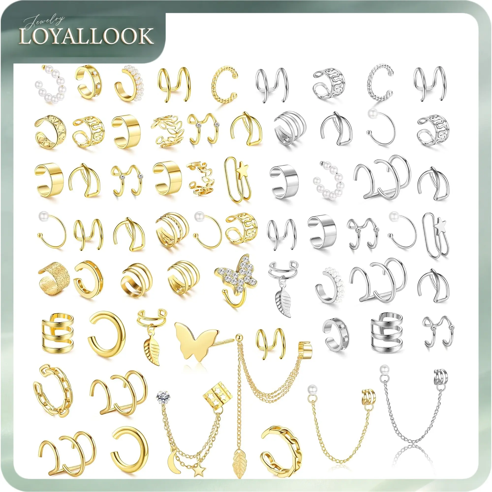 LOYALLOOK 66 Pcs Ear Cuff Earrings for Women Non Piercing,Hypoallergenic Silver plated Clip on Fake Earrings for Sensitive Ears,Ear Wrap Earrings for Helix Cartilage,Cz Star Butterfly Ear Cuffs Non Piercing