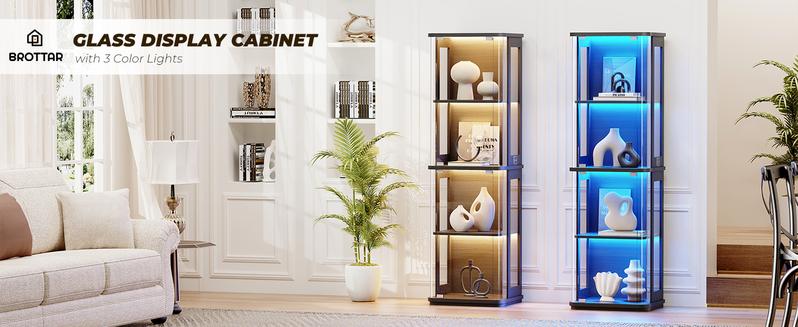 BROTTAR Rounded Display Cabinet with Glass Door, 4-Tier Curio Cabinet with 3 Color Lights for Collectibles, Glass Display Case with Transparent Full-Display Surface, Human Body Sensor, Black