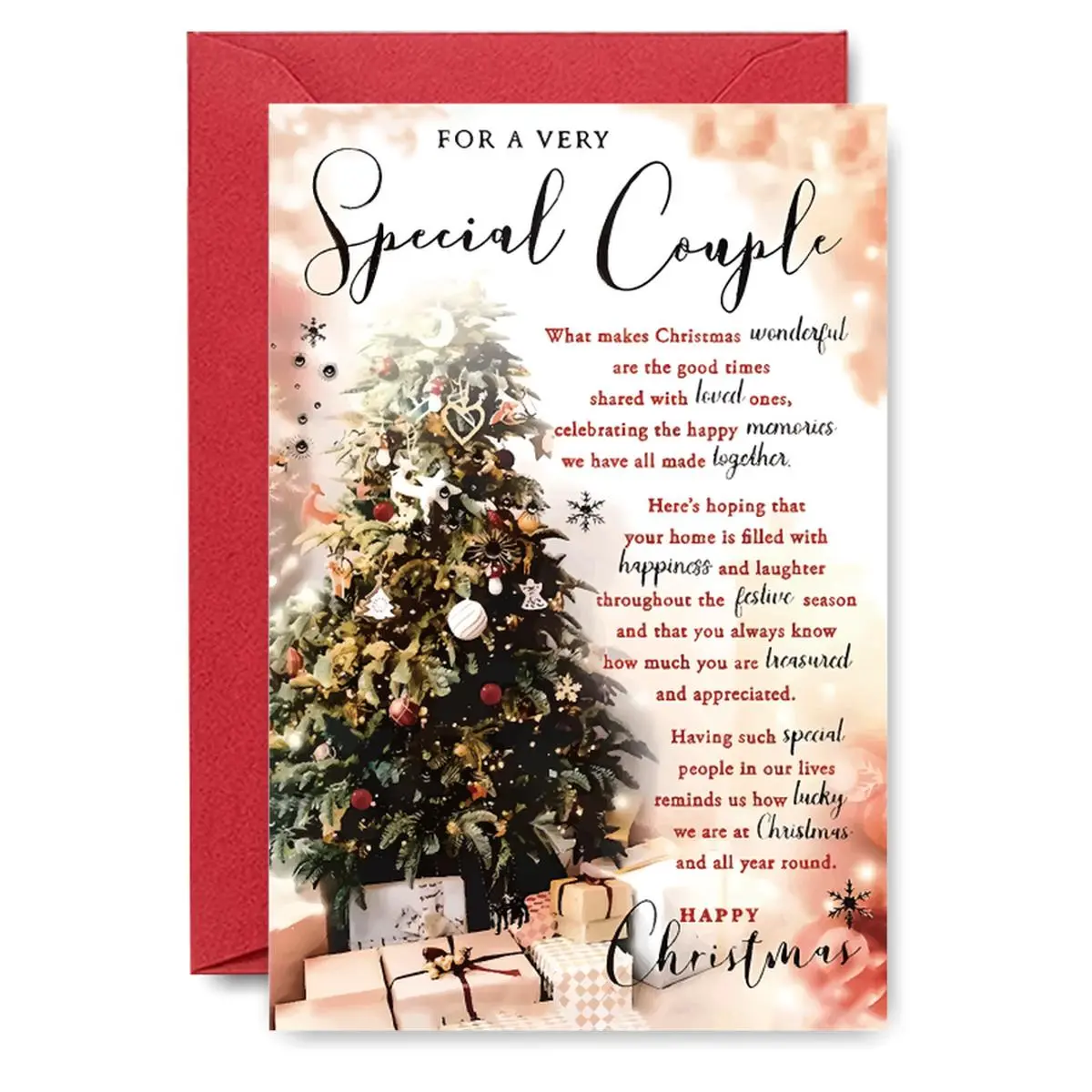 Elegant Couple Christmas Card - "FOR A VERY SPECIAL COUPLE" Heartfelt Message | Glittering Tree & Gifts, Pink Snowflake Decor, Suitable for Newlyweds, Romantic Holiday Wishes
