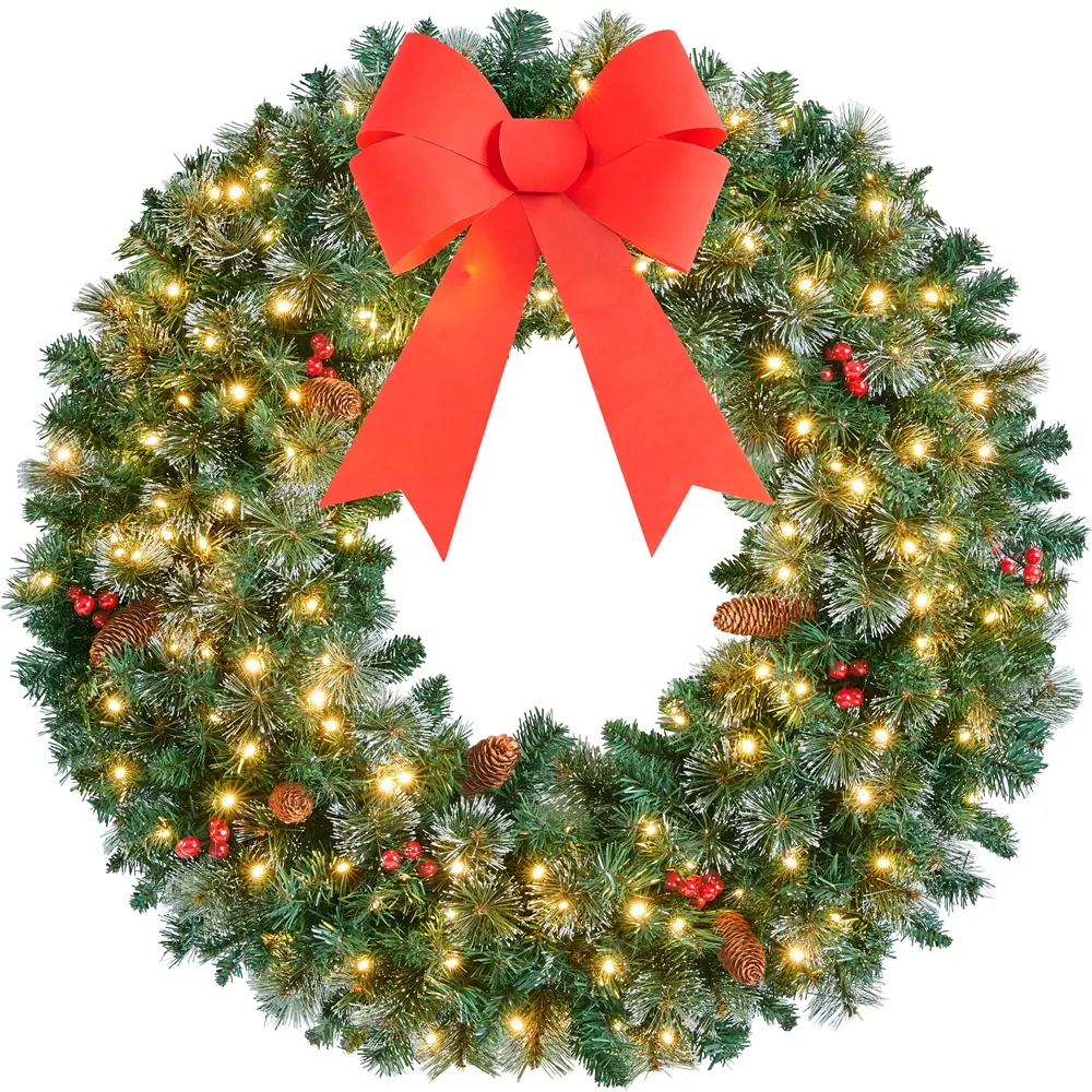 Costoffs Pre-Lit Frosted Christmas Wreath (24/36/48 in) - Hook-Included Holiday Door Decor with LED Lights, Bowknot, Pinecones, Holly Berries, Metal & Plastic Parts, Removable for Front Door, Mantel