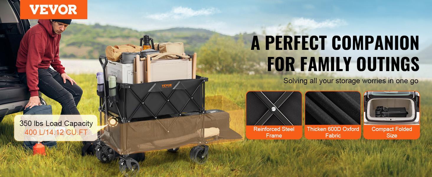 VEVOR Foldable Double Decker Wagon, TikTokShopBlackFriday, 400L Collapsible Wagon Cart with All-Terrain Wheels, Heavy Duty Folding Wagon Cart 350 lbs Weight Capacity for Camping, Shopping, Garden, 52" Extra Long Extender Outdoor Picnic Storage