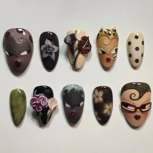 Vintage Gothic Face Art Press On Nails Handmade 3D Statement Nails Luxury Long Set