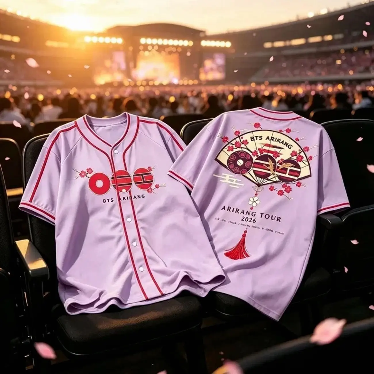Purple Baseball Jersey Shirt Kpop Concert Folding Fan Cherry Blossom Top