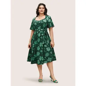 【Pocket Approved】 BLOOMCHIC Floral Heart Neckline Belted Ruffle Sleeve Dress 2026 Summer Vibes Fit Casual Swimweek