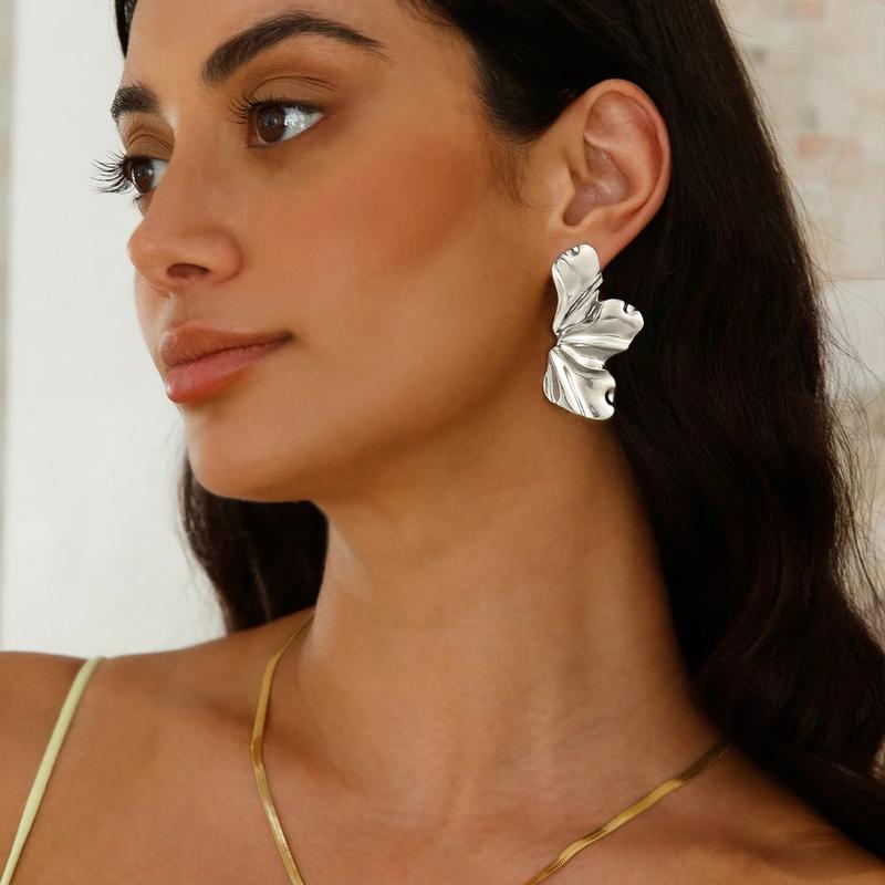 17KM 14K Gold Plated Flower Leaf Earrings ，Bold Irregular Chunky Dangle Statement Jewelry Set for Women