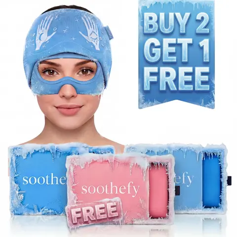 (3-Pack) Soothefy Migraine Relief Cap with Eye Holes - Upgraded 360° Cooling Gel Headache Relief Hat - Ice Mask for Hangover, Stress, Tension