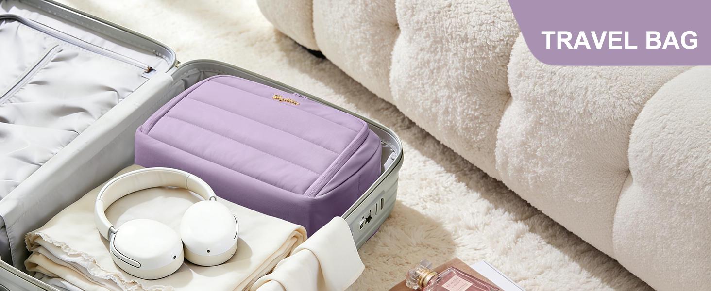 Bagstellar Wide-open Travel Bag, Lightweight Puffy Toiletry Bag for Women, Quilted Makeup Bag Organizer Water-resistant Cosmetic Bag with Handle for Toiletries, Essentials, Accessories