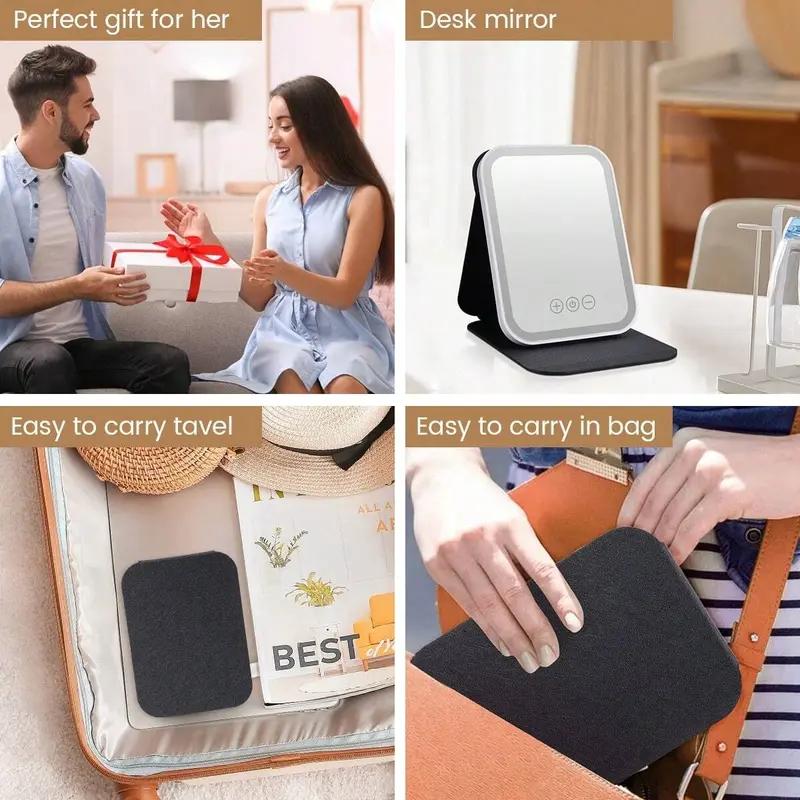 Makeup Mirror with Lights, USB Rechargeable Vanity Mirror with Stand, 3 Color LED Lighting Dimmable Brightness Adjustable Angle Compact Mirror, Foldable Cosmetic Mirror, Portable Travel Makeup Mirror, Birthday Anniversary Gift for Women