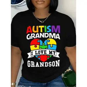 Autism Grandma I Love My Grandson Letter Print T Shirt Casual Crew Neck Short Sleeve Fashion Tee  Polyester Knit Fabric