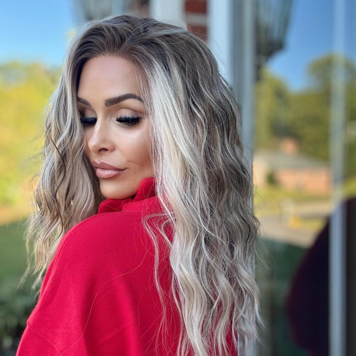 AISOM Mila Ash Blonde Highlights Water Wave 13x4 Free Part Lace Front Wig 16 inch Low Density 120% Heat Friendly Synthetic Lace Wig