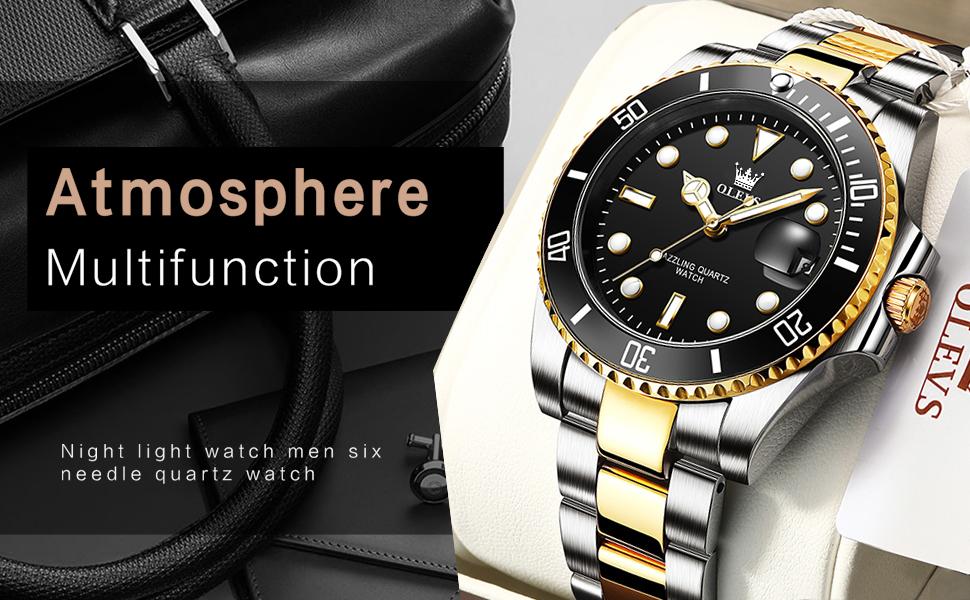 OLEVS Men's Stainless Steel Chronograph Watch, Large Face Gold Blue Silver Black Tone Easy-to-Read Analog Quartz Watch