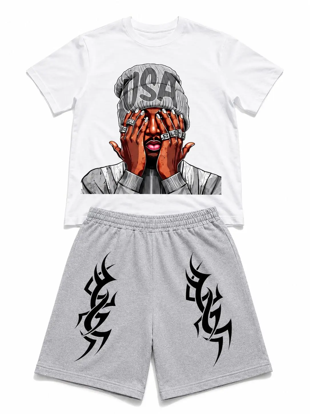 Boys' 2-Piece Streetwear Go Out Set - Teenage Graphic T-Shirt, Shorts with Gray Portrait Print, Humorous Graffiti, American Theme Kids' Clothing kids outfit summer suit Combined Set Go Out Sets