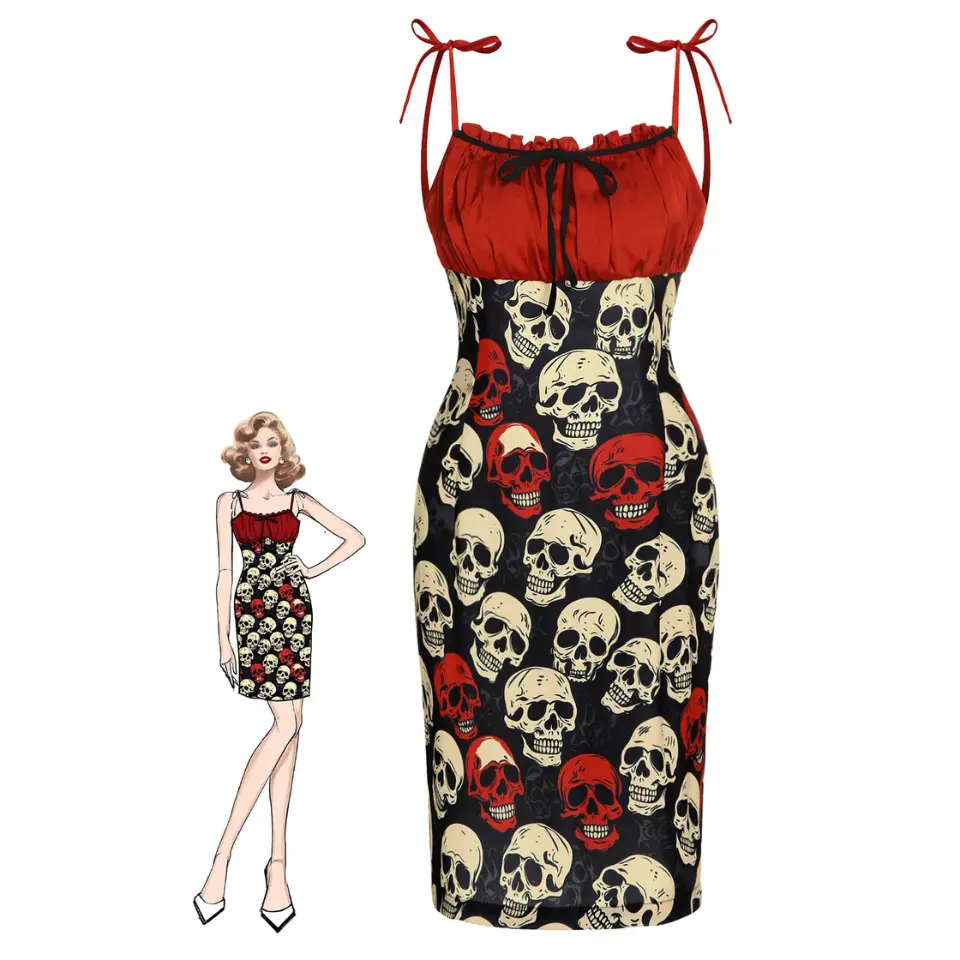 RED 1960s Halloween Skull Strap Dress - Women's Above the Knee Length 100% Polyester with Side Concealed Zipper