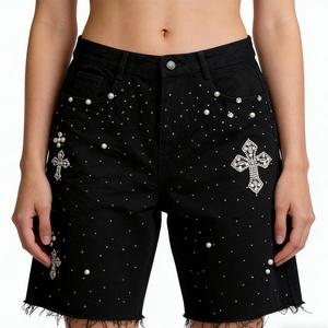 Sopula Studio Men's Hiphop Diamond-Embellished Denim Jorts, Cotton Casual Shorts, Fashion Pocket Shorts, Menswear Men's Fashion Streetwear Black Bottoms
